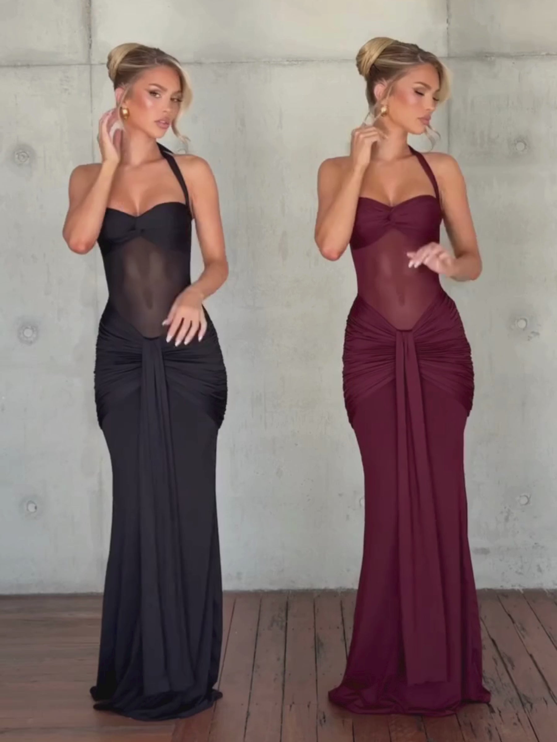 Jackie Transparan Detaylı Büzgülü Maxi Elbise