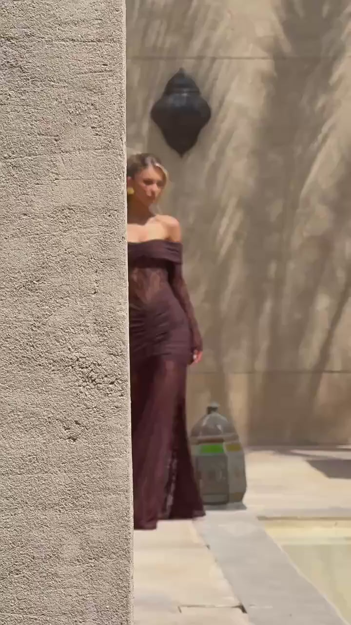 Jermany Düşük Omuz Dantel Maksi Elbise