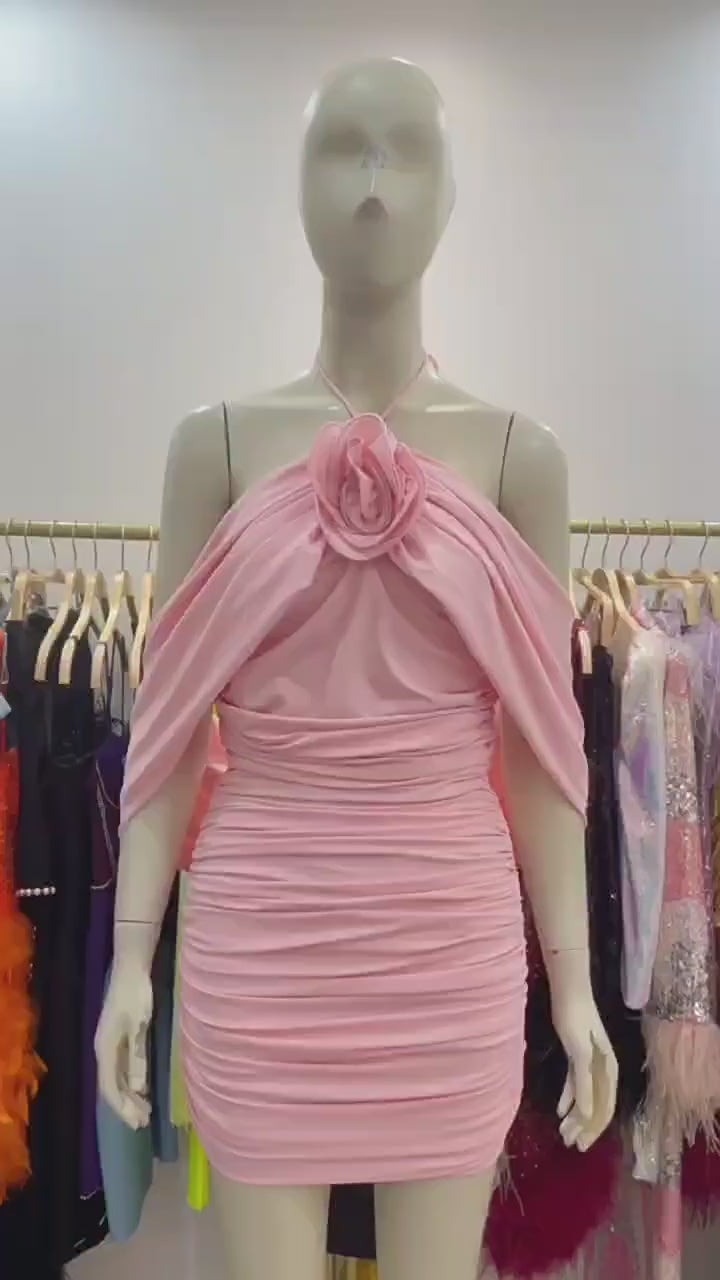 Haisley Gül Detaylı Düşük Omuz Mini Elbise