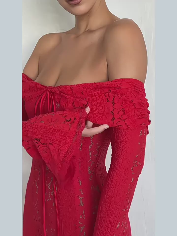 Jaslynn Düşük Omuz Dantel Maksi Elbise